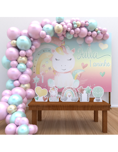Kit Decoração de Aniversário Personalizado Unicórnio Baby Cute Aquarela (Ouro)