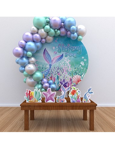 Kit Decoração Painel Redondo + Displays Personalizado Cauda Sereia Aquarela Fundo do Mar