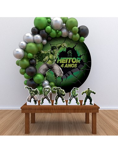 Kit Decoração Painel Redondo + Displays Personalizado Herói Hulk