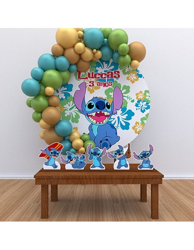 Kit Decoração Painel Redondo + Displays Personalizado Stitch Menino