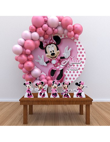 Kit Decoração Painel Redondo + Displays Personalizado Minnie Rosa