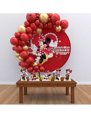 Kit Decoração Painel Redondo + Displays Personalizado Minnie Vermelha