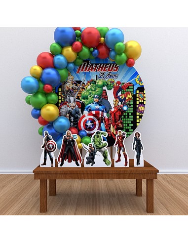 Kit Decoração Painel Redondo + Displays Personalizado Heróis Vingadores