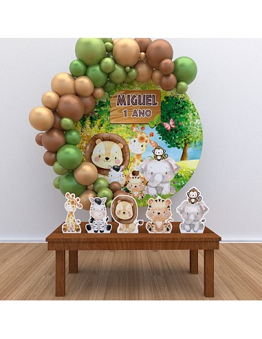 Kit Decoração Painel Redondo + Displays Personalizado Animais Safari Baby