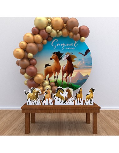 Kit Decoração Painel Redondo + Displays Personalizado Spirit Cavalo
